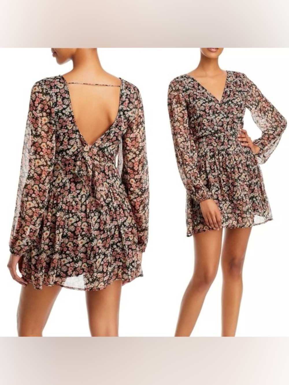 Bardot Cut Out Frill Dress Sheer Floral Long Sleeve Surplice Mini Dress Size M